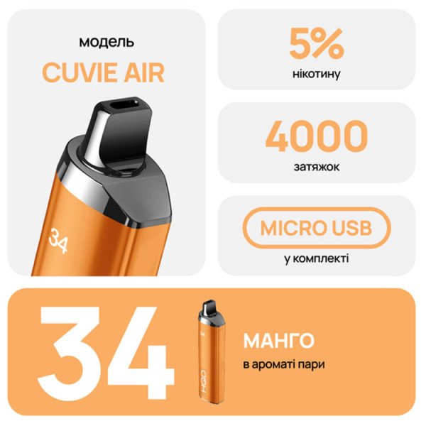 Одноразова електронна сигарета HQD CUVIE AIR 34 Акциз Mango (Манго) 4000 puff